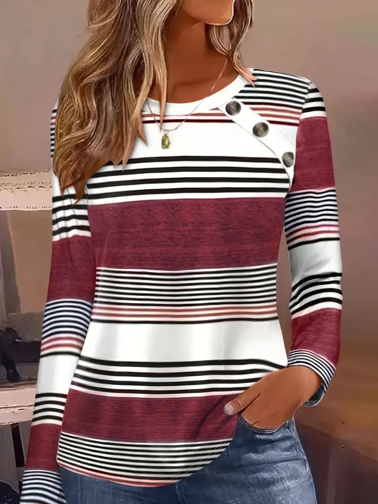 Women's Long Sleeve Crew Neck Button Detail Patterned Suprem Blouse