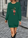 Women's Long Sleeve Crew Neck Patterned Short Viscose Double Thread Dress