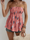 Women's Leaf Pattern Smocked Bust Moss Crepe Strapless Blouse