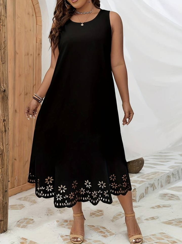 Women's Sleeveless Laser-Cut Floral Pattern Midi Shimmer Crepe Dress