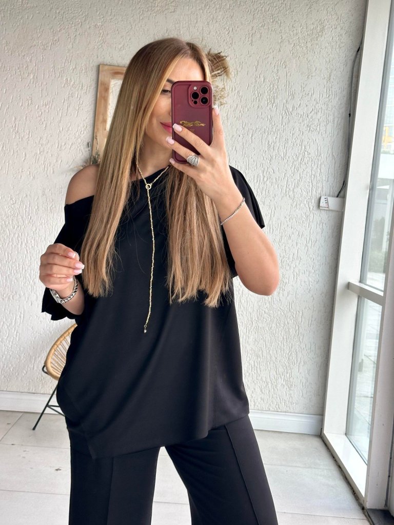 Women's One-Shoulder Open Wide-Leg Viscose Two-Thread Blouse and Trousers Two-Piece Set
