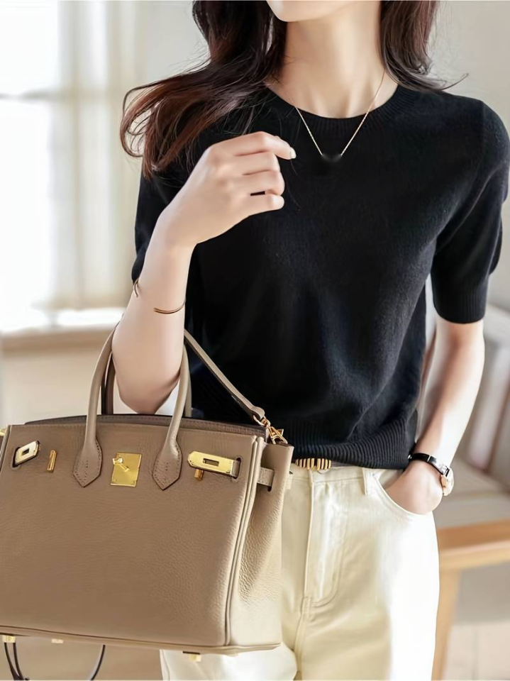 Kadın Kısa Kollu Bisiklet Yaka Triko Bluz