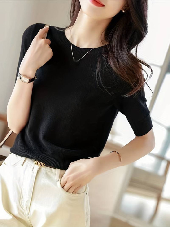 Kadın Kısa Kollu Bisiklet Yaka Triko Bluz