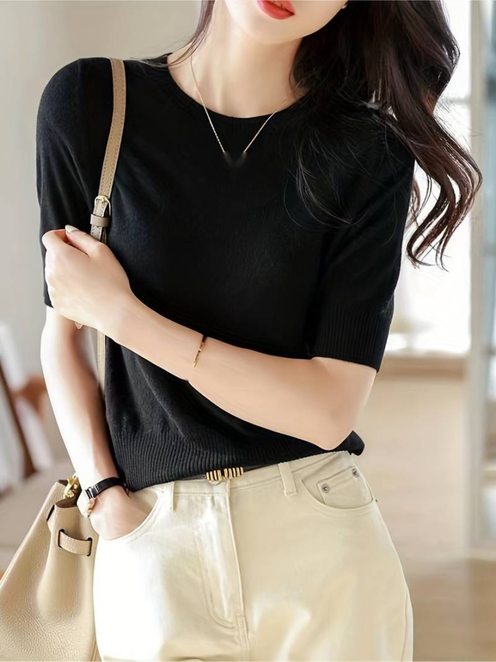 Kadın Kısa Kollu Bisiklet Yaka Triko Bluz