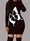 Women's Long Sleeve Crew Neck Butterfly Print Short Viscose Two Yarn Dress