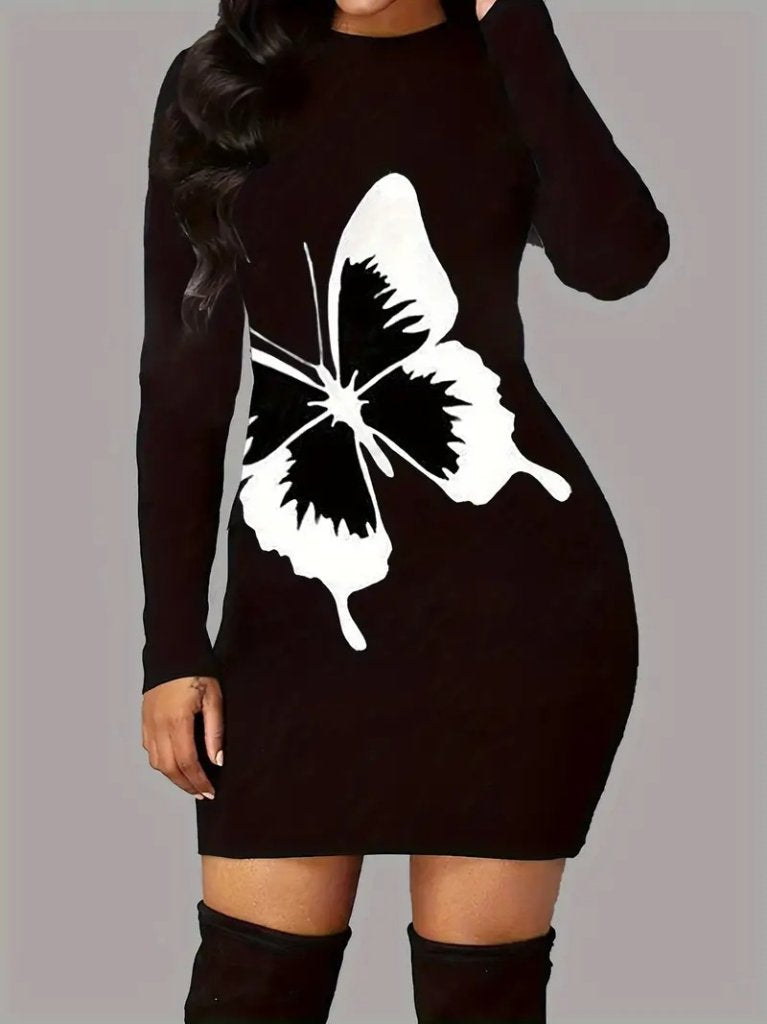Women's Long Sleeve Crew Neck Butterfly Print Short Viscose Two Yarn Dress
