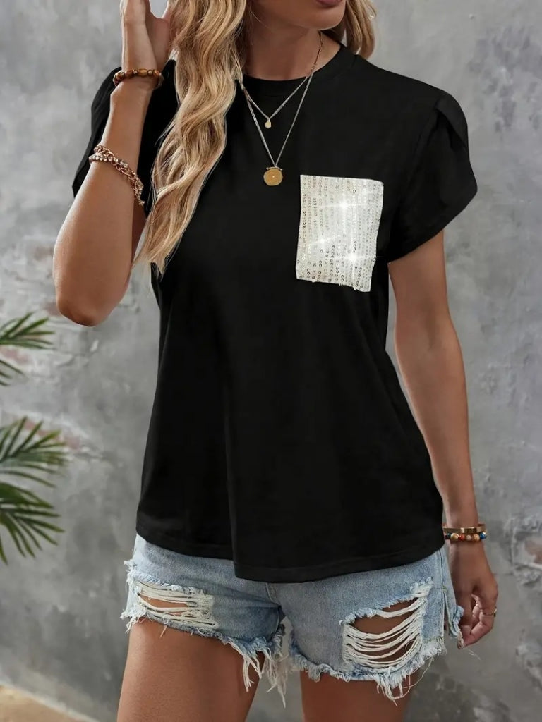 Women's Short Sleeve Crew Neck Pocket Sequin Detail Viscose Blouse