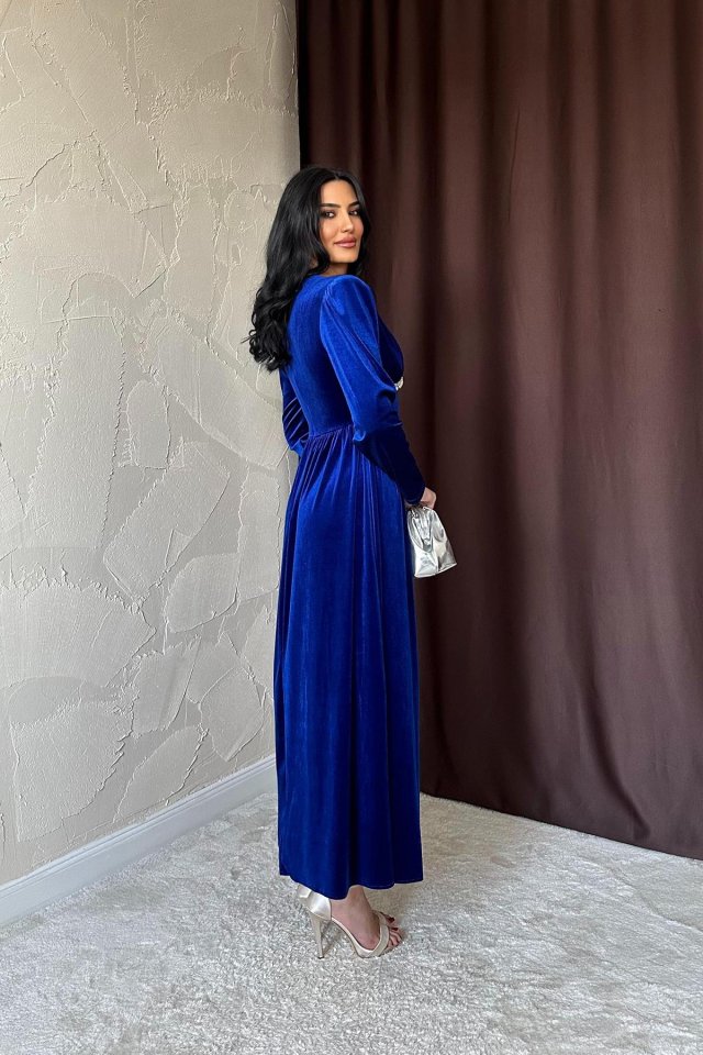 Saks Göğüs Altı Taşlı Elbise