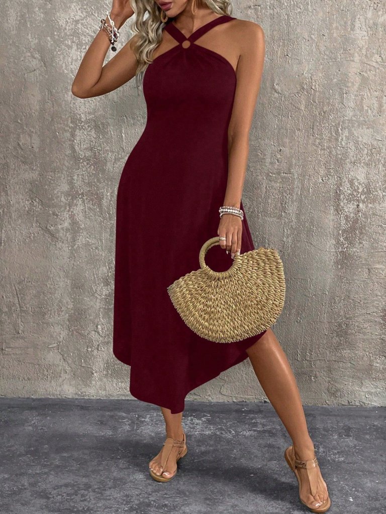 Women's Cross-Neck Ring Detail Asymmetrical Viscose Dress