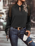 Women's Long Sleeve Keyhole Neck Raglan Sleeve Lace Detail Imported Crepe Blouse