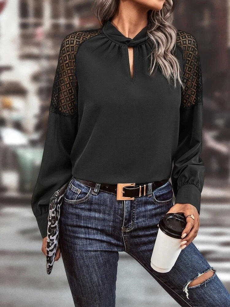 Women's Long Sleeve Keyhole Neck Raglan Sleeve Lace Detail Imported Crepe Blouse