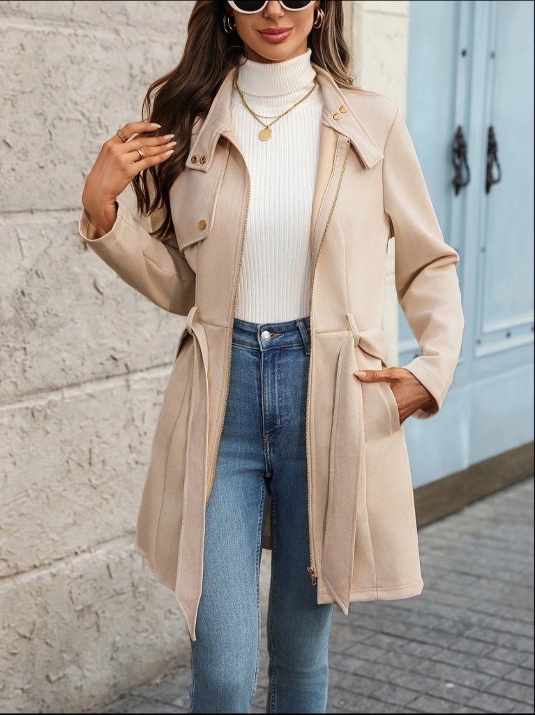 Women's Long-Sleeved, Button-Neck, Zippered, Belted Suede Jacket