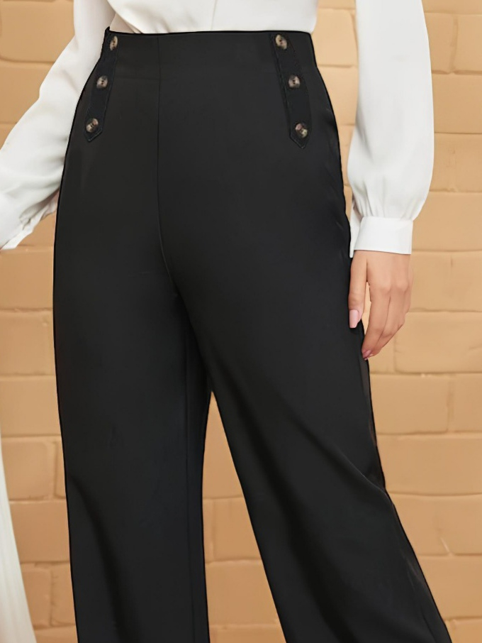 Women's Button Detail Wide-Leg Imported Crepe Trousers