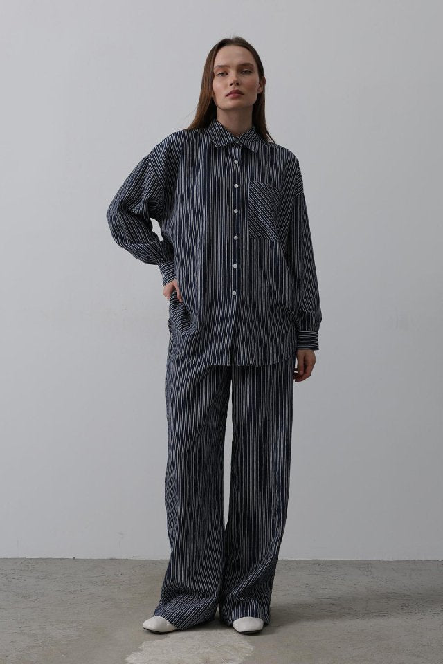 Çizgili Cep Detaylı Oversize Takım - Lacivert