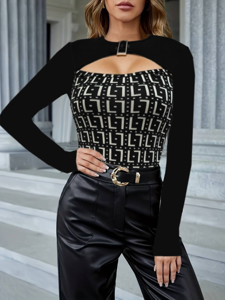 Women's Long Sleeve Crew Neck Plunge Neckline and Buckle Detail Scuba Blouse