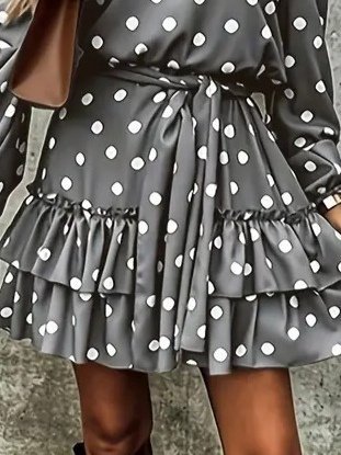 Women's Long Sleeve V-Neck Belted Polka Dot Mini Modal Dress