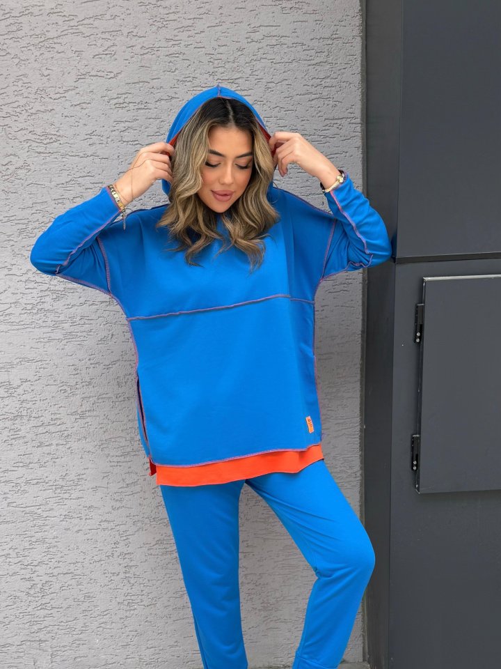 Women's Indigo Hooded Hem Detail Emblem Reverse Stitch Look Two-Piece Set