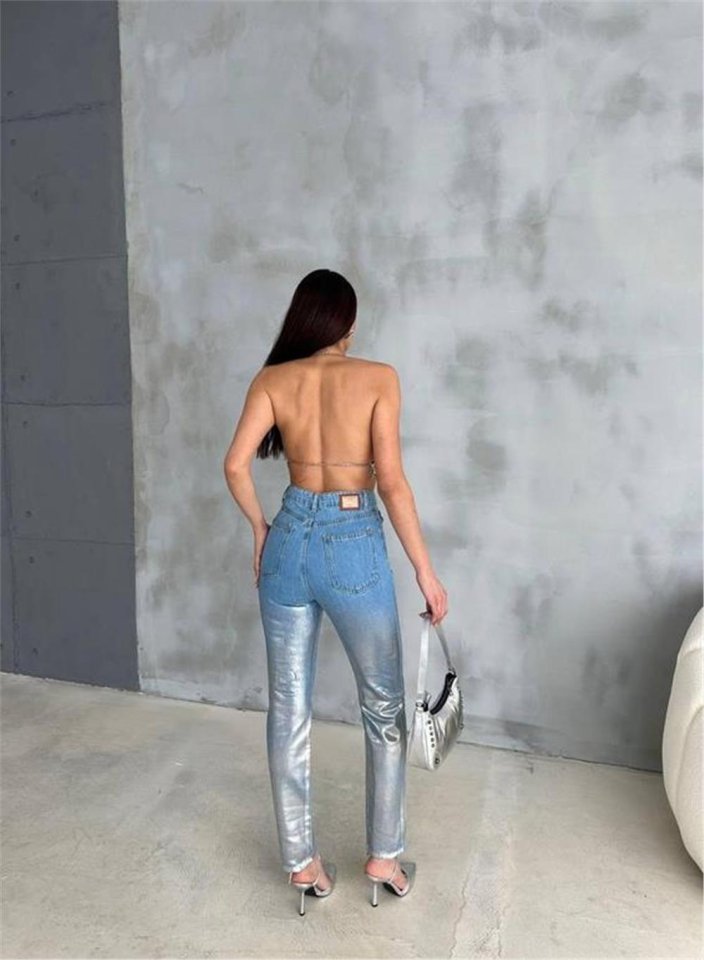 KNEE RIPPED FOIL-PRINTED MOM JEANS - Silver