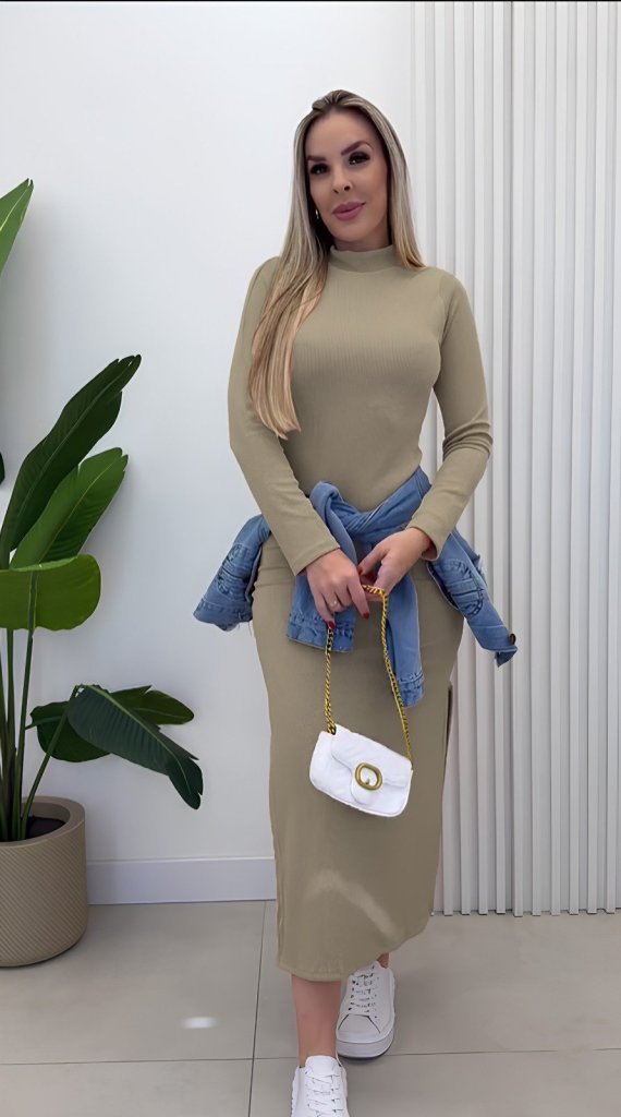 Women's Long Sleeve Turtleneck Ribbed Knit Side Slit Maxi Dress