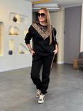 Women's Three-Thread Fabric Leopard Print Lace Detail Two-Piece Set