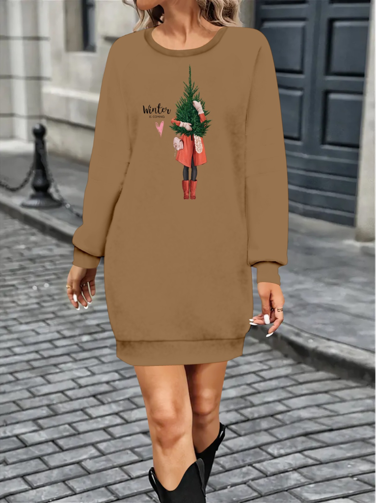 Women's Long Sleeve Crew Neck Patterned Short Viscose Double Thread Dress