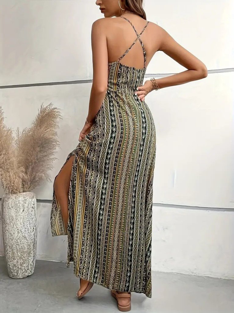Women's Strappy Cross-back Slit Patterned Supra Dress