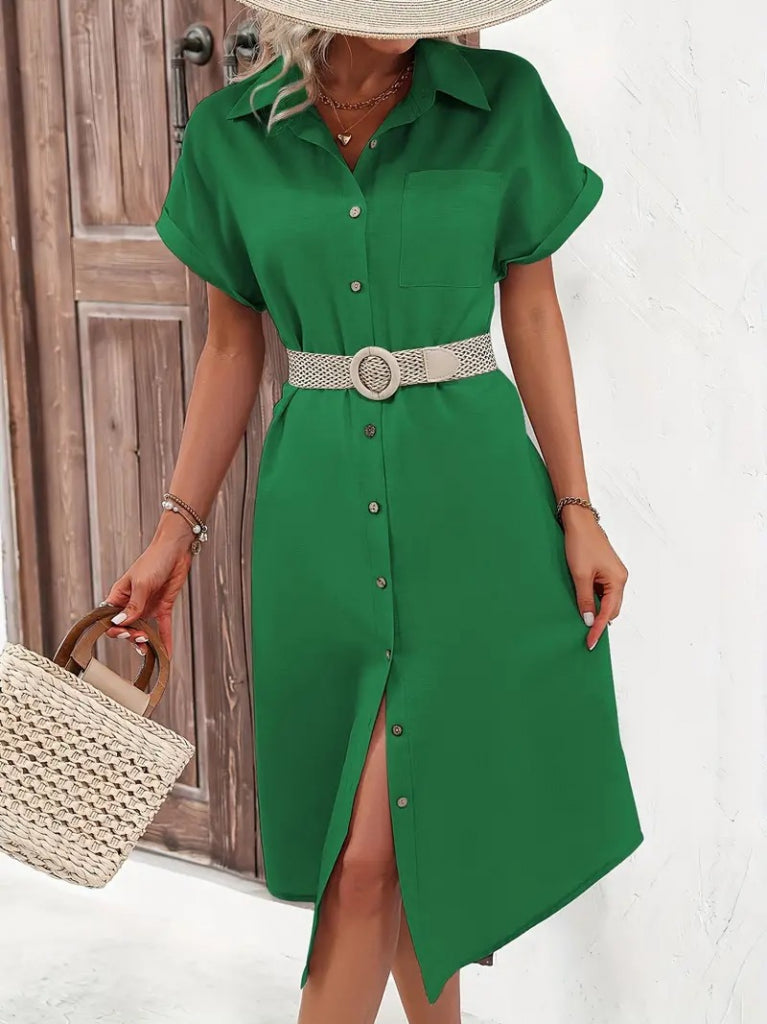 Women's Short-Sleeved Collared Button Detail Midi Woven Dress