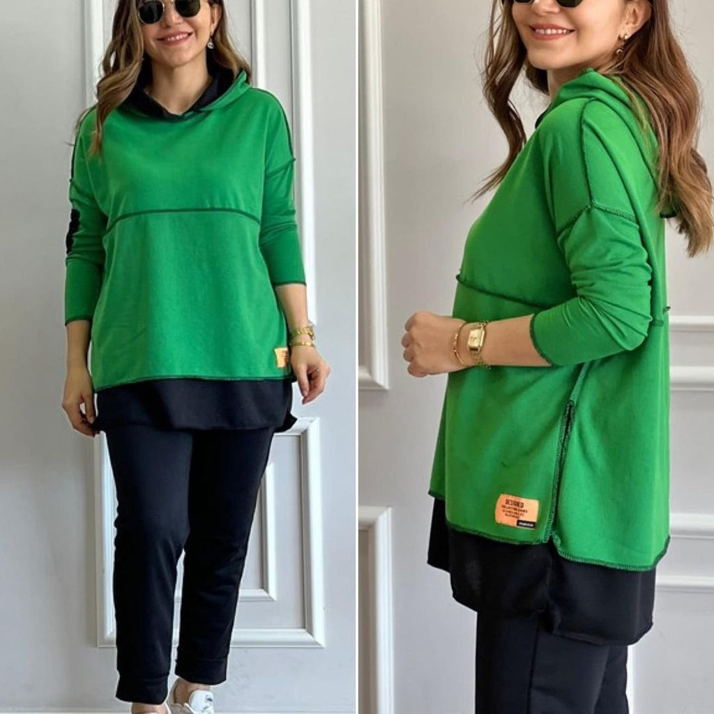 Women's Green Hooded Skirt Hem Detail Patch Two-Piece Set with Reverse Stitching Look