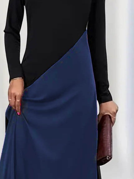 Women's Long Sleeve V-Neck Color Block Viscose Dress
