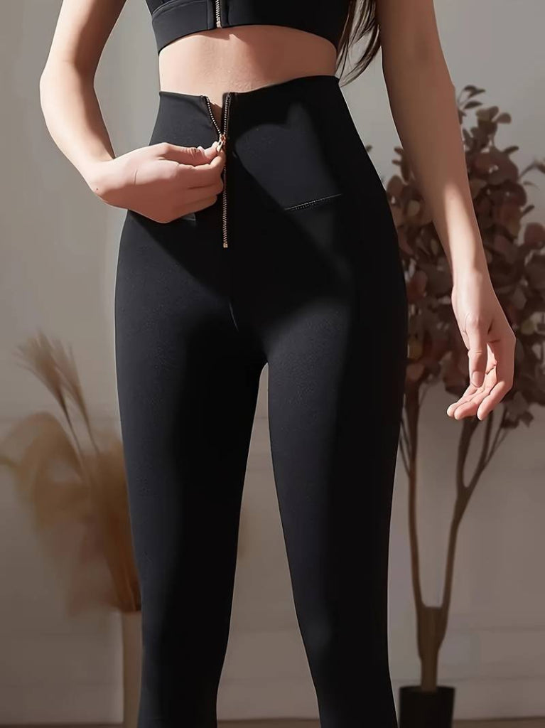 Women's High Waist Front Zipper Athletic Scuba Leggings