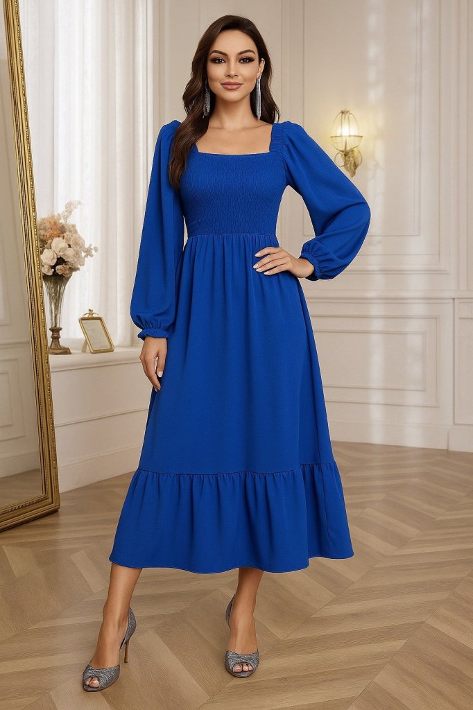 Women's Long Sleeve Square Neck Shirred Long Knit Dress