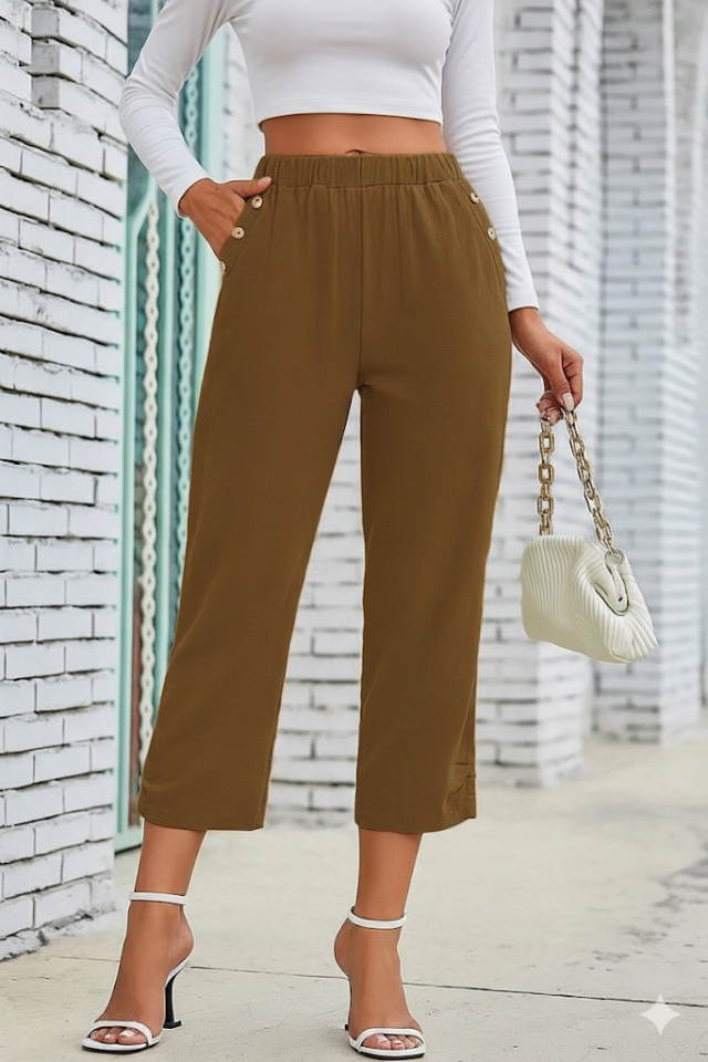 Women's Elastic Waist Button and Pocket Detail Capri Imported Linen Trousers