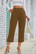Women's Elastic Waist Button and Pocket Detail Capri Imported Linen Trousers