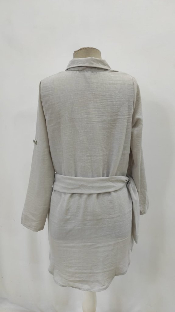 Women's Long Sleeve Collared Button-Front Belted Mini Imported Linen Dress