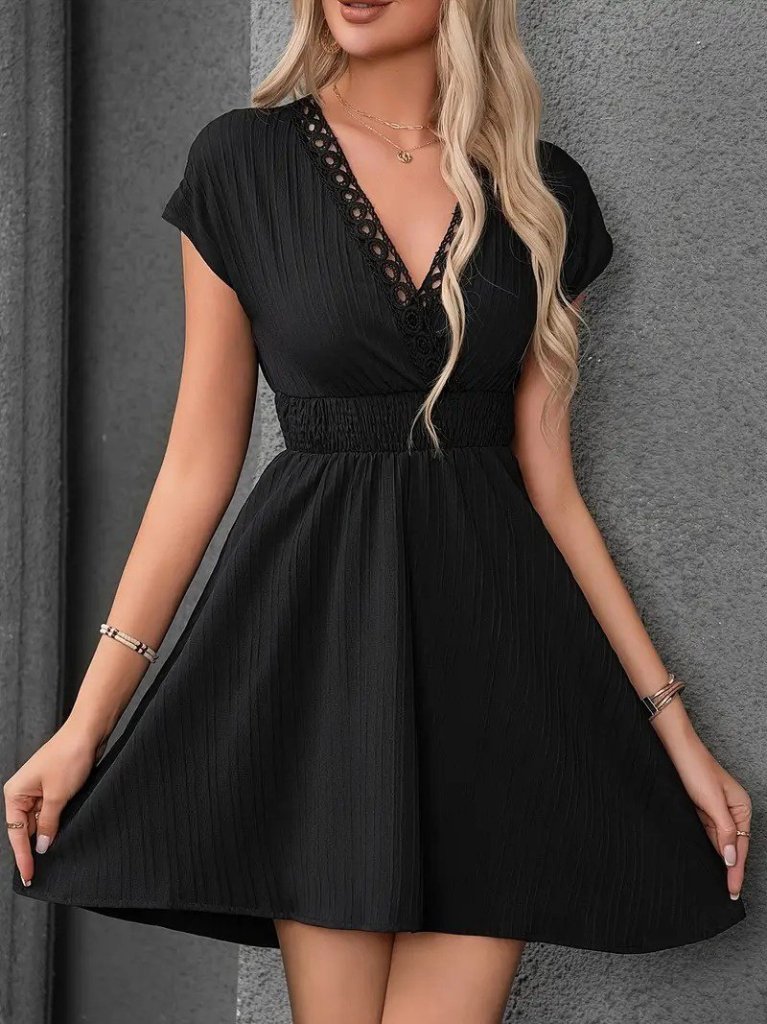Women's Short Sleeve Wrap Neck Elastic Waist Crepe Dress