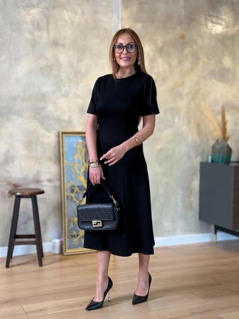 Women's Short Sleeve Crew Neck Midi Viscose Double Thread Dress