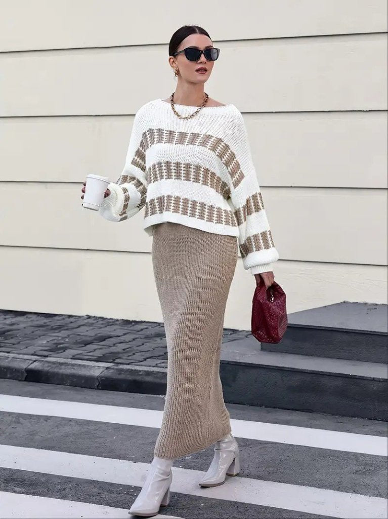 Women's Long Sleeve Boat Neck Loose Knit Blouse and Skirt Two Piece Set