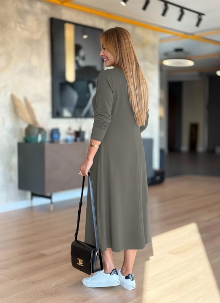 Women's Long Sleeve V-Neck Midi Chartreuse Modal Dress