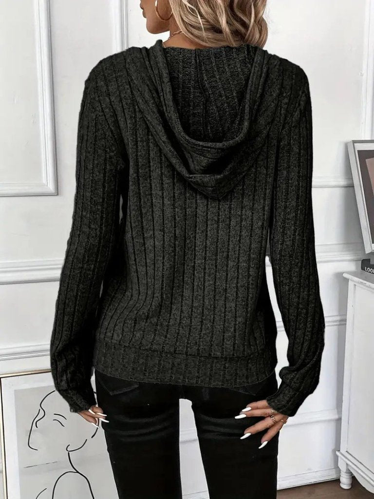 Women's Long Sleeve Hooded Lace-Up Fleece Ribbed Blouse