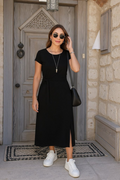 Women's Short Sleeve Round Neck Belted Front Slit Aerobin Dress