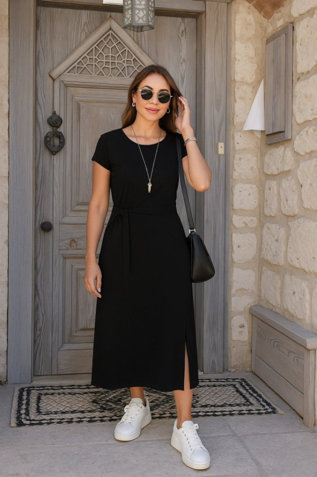 Women's Short Sleeve Round Neck Belted Front Slit Aerobin Dress