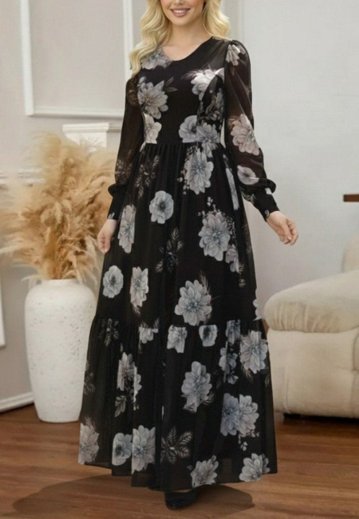 Women's Long Sleeve V-Neck Floral Print Maxi Jersey Dress