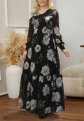 Women's Long Sleeve V-Neck Floral Print Maxi Jersey Dress