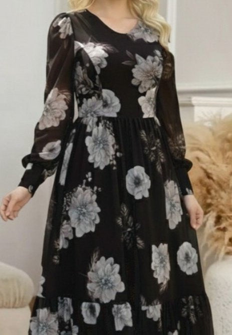 Women's Long Sleeve V-Neck Floral Print Maxi Jersey Dress