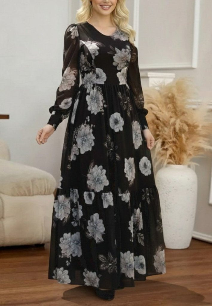Women's Long Sleeve V-Neck Floral Print Maxi Jersey Dress