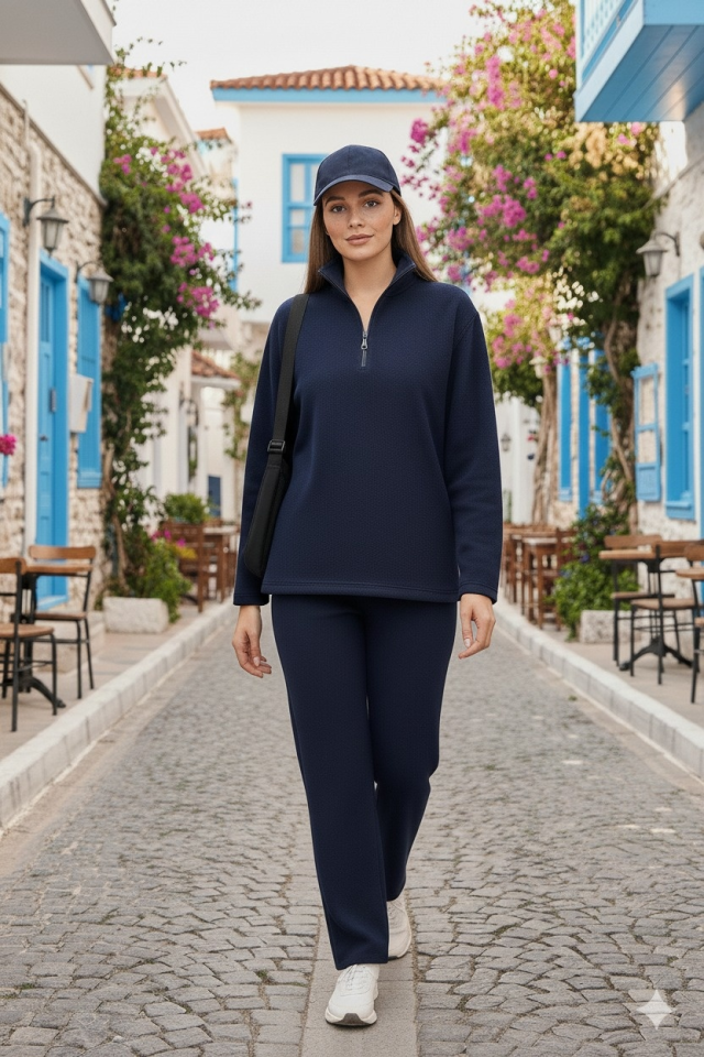 Women's Turtleneck Zipper Detail Fleece Sweatshirt and Pants Set