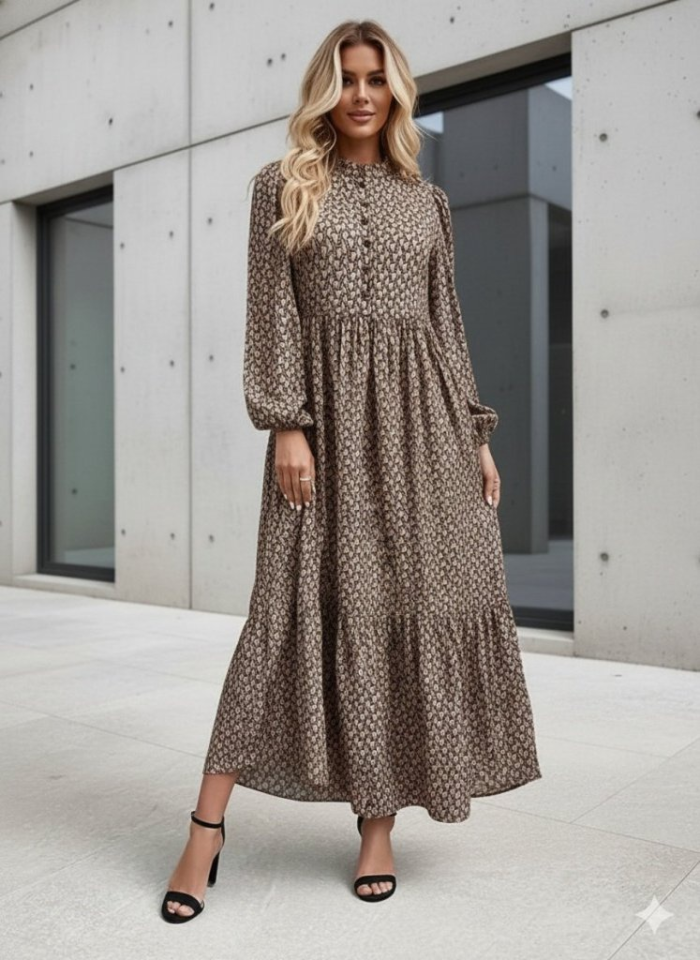 Women's Long Sleeve Stand Collar Buttoned Beltless Patterned Maxi Supreme Dress