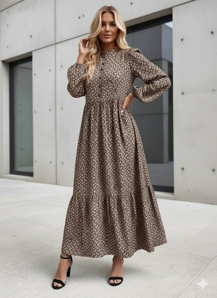 Women's Long Sleeve Stand Collar Buttoned Beltless Patterned Maxi Supreme Dress