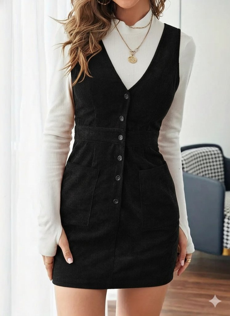 Women's Strappy V-Neck Button-Front Mini Chunky Corduroy Dress