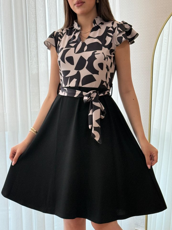 Women's Short Sleeve Ruffle Detail Mini Belted Flare Crepe Dress